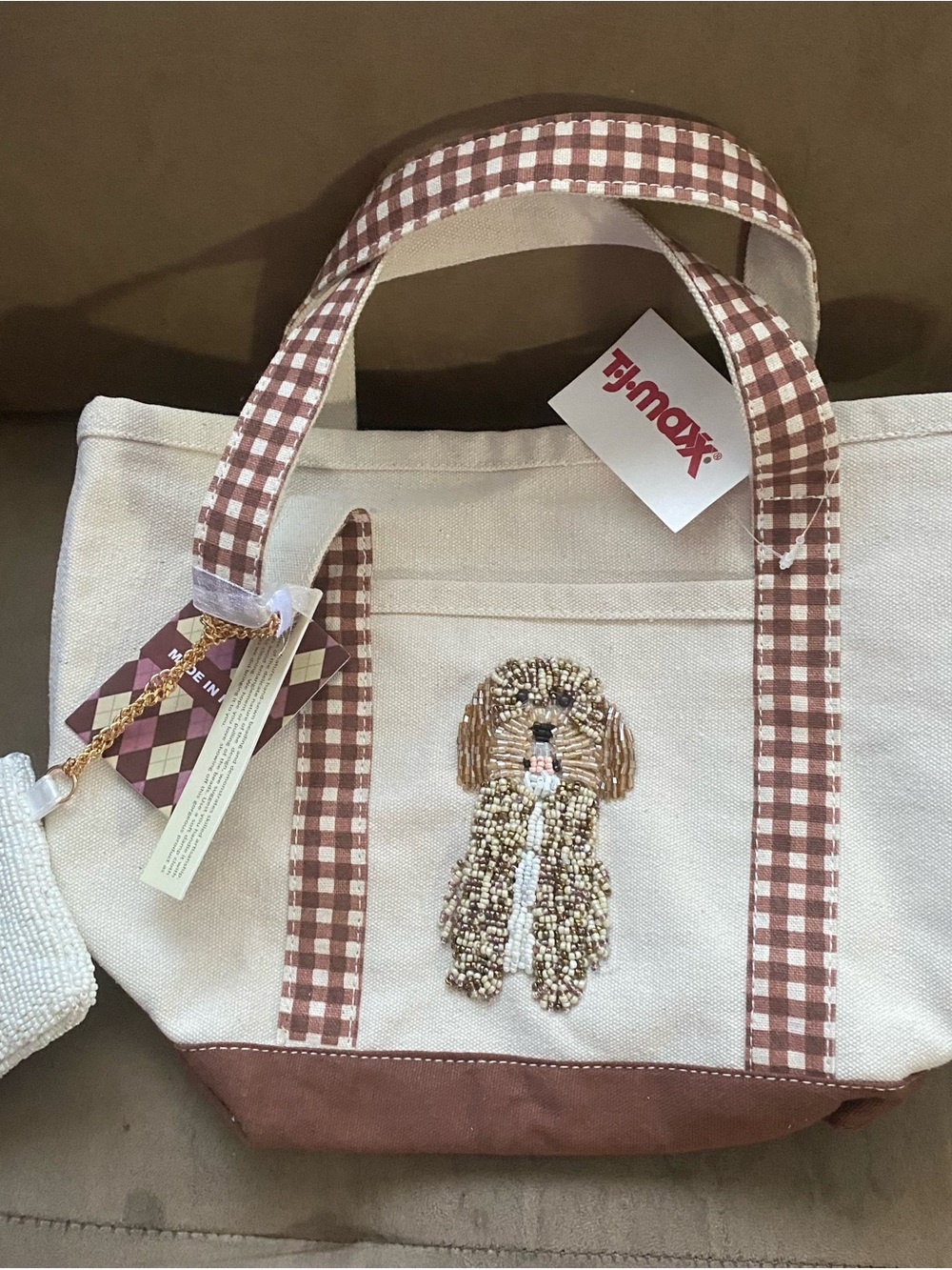 T.J.Maxx Beige Canvas Tote with Brown Gingham Trim and Beaded Dog Applique